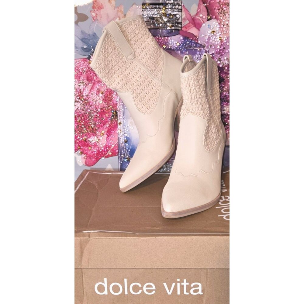 NIB Dolce Vita Lacie Woven Western Ankle Boots Ivory Leather Size 8.5